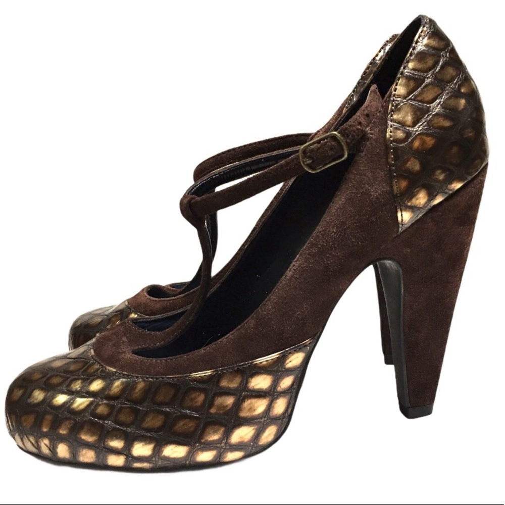 SACHA LONDON Brown & Gold T-Strap Mary Jane Heels
